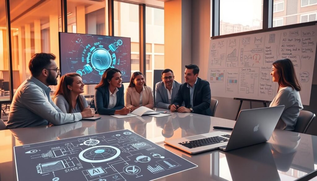 A sleek, modern office space with a team of professionals gathered around a large table, engaged in an animated discussion about AI strategy. The scene is bathed in warm, directional lighting from large windows, casting dynamic shadows and highlights across the faces of the participants. The walls are adorned with holographic displays showcasing complex data visualizations and AI models. In the foreground, a laptop displays a detailed blueprint of an AI-driven business plan, while in the background, a large whiteboard is covered in scribbles and brainstorming notes. The overall atmosphere conveys a sense of focus, innovation, and collaborative problem-solving.
