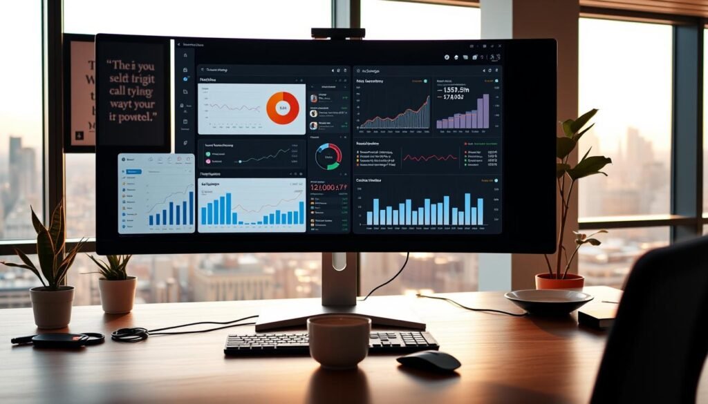 A sleek, modern office workspace with a large computer monitor displaying detailed marketing analytics and AI-powered data visualizations. In the foreground, a stylish desk with a keyboard, mouse, and a cup of coffee. Midground features a potted plant and a framed motivational quote on the wall. The background showcases a panoramic city skyline view through large windows, bathed in warm, natural lighting. The overall atmosphere is one of productivity, innovation, and data-driven decision-making.