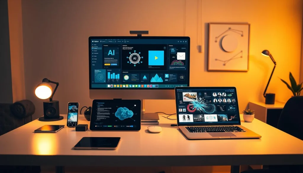 A sleek, modern workspace with a large computer monitor displaying various AI-powered content creation tools. On the desk, an array of smart devices, a tablet, and an open laptop showcasing AI-generated visuals. Warm lighting illuminates the scene, creating a productive and innovative atmosphere. In the background, a minimalist wall decor with abstract geometric shapes, subtly hinting at the AI theme. The overall composition conveys the seamless integration of artificial intelligence into the workflow of a thriving online business. A sleek, modern workspace with a large computer monitor displaying various AI-powered content creation tools. On the desk, an array of smart devices, a tablet, and an open laptop showcasing AI-generated visuals. Warm lighting illuminates the scene, creating a productive and innovative atmosphere. In the background, a minimalist wall decor with abstract geometric shapes, subtly hinting at the AI theme. The overall composition conveys the seamless integration of artificial intelligence into the workflow of a thriving online business.