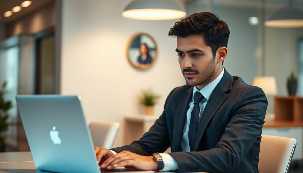 A smartly dressed, professional-looking person sitting at a desk, intently focused on a laptop screen, surrounded by modern office decor. The lighting is soft and diffused, creating a warm, inviting atmosphere. The person's expression conveys a sense of calm and confidence as they engage with an AI-powered chatbot interface, showcasing the advanced capabilities of this cutting-edge customer service solution. A smartly dressed, professional-looking person sitting at a desk, intently focused on a laptop screen, surrounded by modern office decor. The lighting is soft and diffused, creating a warm, inviting atmosphere. The person's expression conveys a sense of calm and confidence as they engage with an AI-powered chatbot interface, showcasing the advanced capabilities of this cutting-edge customer service solution.