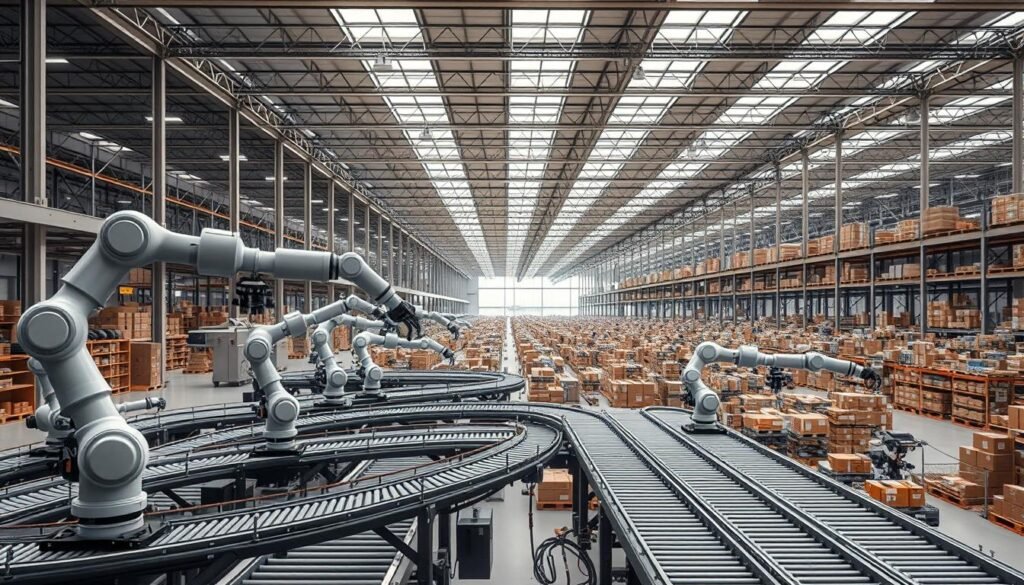A sprawling warehouse interior, bathed in soft, diffused lighting from overhead skylights. In the foreground, a fleet of agile robotic arms efficiently navigating intricate conveyor belts, seamlessly orchestrating the packaging and sorting of e-commerce goods. In the middle ground, shelves and racks stretch into the distance, housing an abundance of products ready for distribution. The background reveals a panoramic view of the broader supply chain, with autonomous vehicles, drones, and other automated systems working in harmony to expedite the fulfillment process. The scene conveys a sense of technological prowess, streamlined efficiency, and the transformative power of robotics in modern e-commerce logistics.