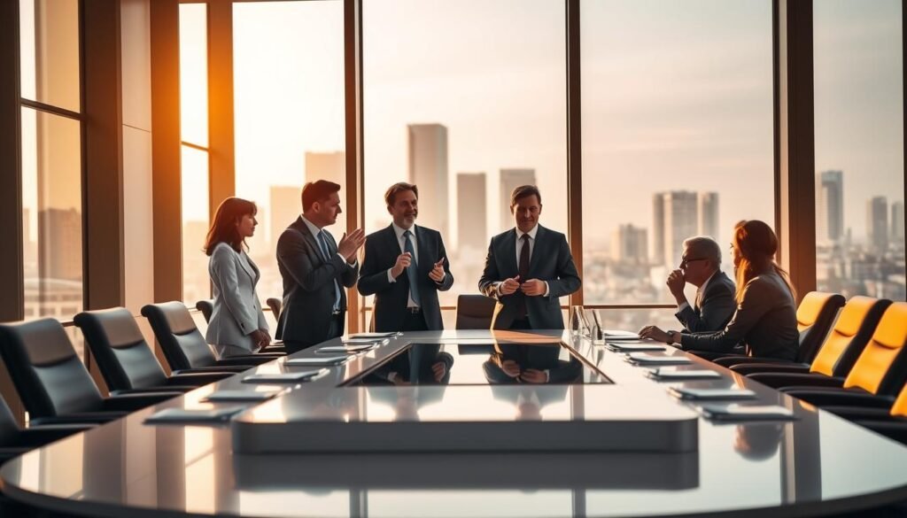 A strategic boardroom setting, illuminated by warm, natural lighting filtering through tall windows. In the foreground, a group of business executives engaged in a collaborative discussion, gestures and expressions conveying the weight of their decisions. The middle ground features a large table adorned with sleek, modern furnishings, a visual representation of the balancing act between short-term and long-term strategic considerations. The background showcases a cityscape, hinting at the broader context and implications of the decisions being made. The overall atmosphere is one of focus, contemplation, and a sense of responsibility for the future of the organization. A strategic boardroom setting, illuminated by warm, natural lighting filtering through tall windows. In the foreground, a group of business executives engaged in a collaborative discussion, gestures and expressions conveying the weight of their decisions. The middle ground features a large table adorned with sleek, modern furnishings, a visual representation of the balancing act between short-term and long-term strategic considerations. The background showcases a cityscape, hinting at the broader context and implications of the decisions being made. The overall atmosphere is one of focus, contemplation, and a sense of responsibility for the future of the organization.