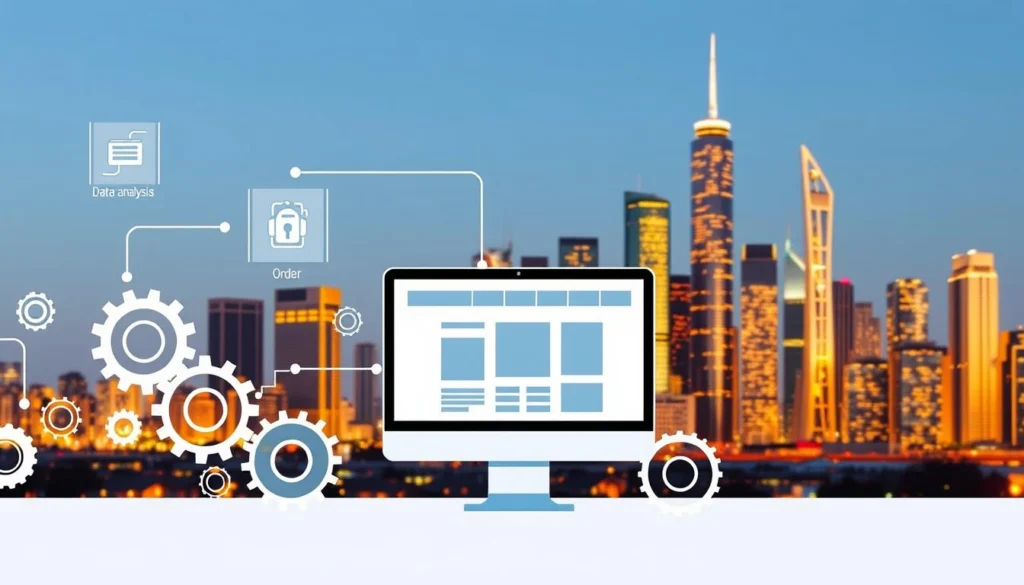 A stylized illustration of the key steps in integrating AI into an e-commerce platform. In the foreground, a series of interconnected gears and cogs representing the various components - data analysis, personalization, order processing, inventory management. In the middle ground, a sleek, modern online storefront with clean lines and minimalist design. In the background, a cityscape of skyscrapers bathed in a warm, golden light, symbolizing the scale and potential of e-commerce automation. The scene conveys a sense of efficiency, innovation, and the seamless integration of artificial intelligence into the fabric of an online retail business.