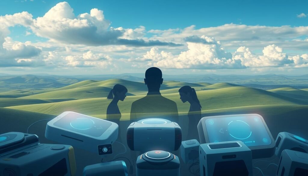 A thought-provoking digital illustration depicting the ethical frameworks of artificial intelligence. In the foreground, a cluster of AI-powered devices, their sleek designs evoking a sense of technological progress. The middle ground features a trio of human figures, their expressions contemplative as they engage with the AI systems, representing the critical dialogue around the ethical implementation of these technologies. The background is a serene landscape of rolling hills and a vast, cloudy sky, symbolizing the global and long-term implications of AI governance. The overall composition conveys a sense of balance, harmony, and the need for a collaborative approach to shaping the ethical norms of artificial intelligence.