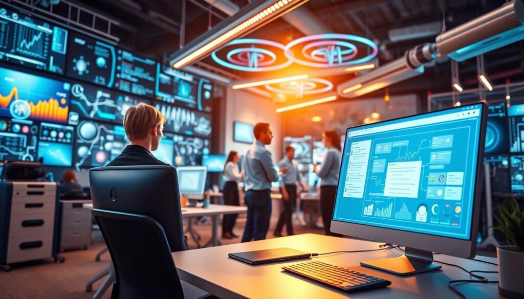 A vibrant and technologically-advanced office setting, with a focus on the "automatisation processus" at the heart of it. The foreground features a sleek and minimalist workstation, with a computer screen displaying a visual representation of an automated workflow. The middle ground showcases a team of professionals collaborating, their movements choreographed and efficient, as they oversee the optimization of tasks between AI and human capabilities. The background is filled with a dynamic array of screens, data visualizations, and futuristic machinery, creating a sense of progress and innovation. Warm, directional lighting illuminates the scene, casting a glow of productivity and purpose. The overall atmosphere conveys a harmonious balance between human expertise and the power of automation.