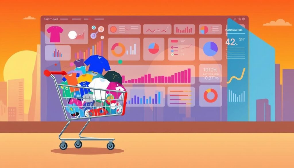 A vibrant digital illustration depicting the optimization of print-on-demand sales. In the foreground, a stylized graphic of a shopping cart overflowing with various apparel and merchandise items. In the middle ground, a colorful array of charts, graphs, and analytics dashboards showcasing key sales metrics and optimization strategies. The background features a minimalist cityscape with sleek, modern buildings and a warm, sunset-inspired color palette. The overall scene conveys a sense of efficiency, growth, and the seamless integration of e-commerce and print-on-demand technology.