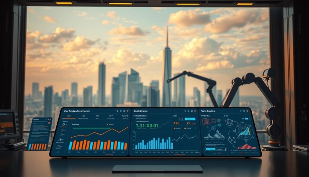 A vibrant digital workspace with sleek automation interfaces and intuitive task management tools. In the foreground, a user-friendly dashboard displays neatly organized project timelines, progress bars, and resource allocation data. The middle ground features various AI-driven automation processes, including robotic arms and algorithmic workflow visualizations. The background showcases a futuristic cityscape with towering skyscrapers and a serene, cloud-filled sky, conveying a sense of technological sophistication and efficiency. Warm, diffused lighting and a clean, minimalist aesthetic create a professional, productive atmosphere. A vibrant digital workspace with sleek automation interfaces and intuitive task management tools. In the foreground, a user-friendly dashboard displays neatly organized project timelines, progress bars, and resource allocation data. The middle ground features various AI-driven automation processes, including robotic arms and algorithmic workflow visualizations. The background showcases a futuristic cityscape with towering skyscrapers and a serene, cloud-filled sky, conveying a sense of technological sophistication and efficiency. Warm, diffused lighting and a clean, minimalist aesthetic create a professional, productive atmosphere.