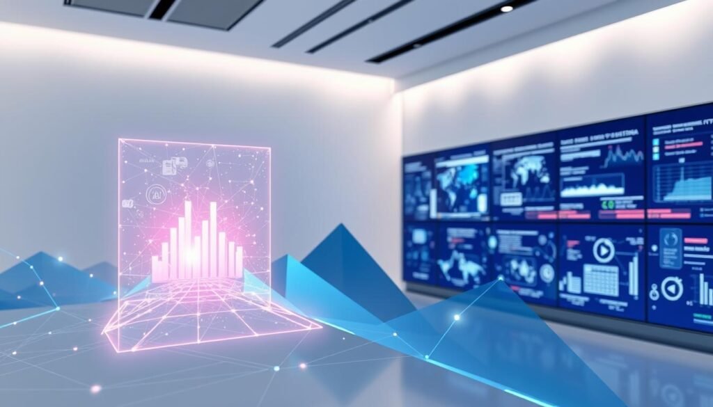 A vibrant, digitally-enhanced strategic plan unfolds against a backdrop of clean, minimalist design. In the foreground, a holographic display showcases interconnected data points and analytics, casting a soft, futuristic glow. The middle ground features sleek, abstract geometric shapes in shades of blue and gray, symbolizing the integration of AI-powered processes. In the background, a wall of seamless, high-resolution screens displays a dynamic visualization of the digital transformation journey, complete with pulsing icons and fluid motion. The overall atmosphere is one of precision, efficiency, and a forward-thinking approach to business optimization.