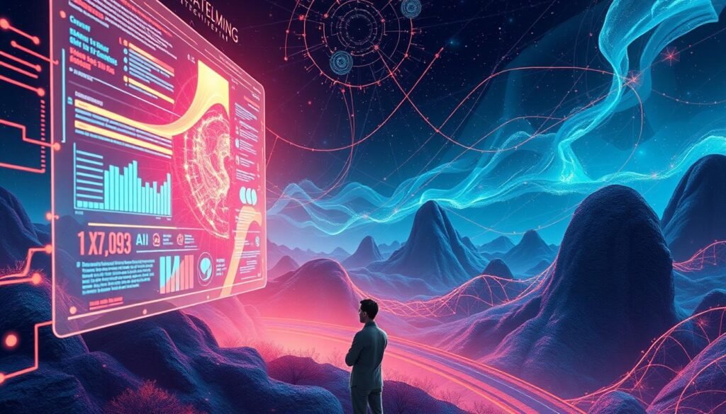 A vibrant, dynamic illustration of "stratégie contenu IA" that visually represents the integration of AI into a brand's storytelling strategy. In the foreground, a glowing, futuristic interface with fluid, ethereal data visualizations and AI-generated narrative elements. In the middle ground, a pensive, thoughtful figure contemplating the integration of these digital storytelling tools. In the background, a rich, textured landscape of technological and creative elements - abstract circuits, data streams, and visual metaphors for the marriage of human ingenuity and artificial intelligence. The overall scene conveys a sense of innovative, cutting-edge content strategy, where the human creative spark is amplified and enhanced by the power of AI.