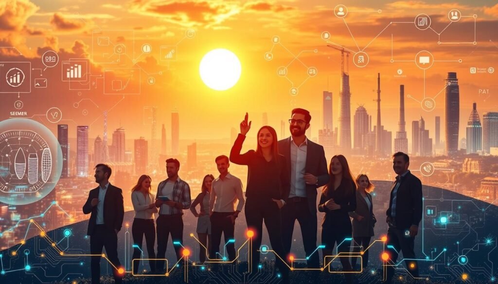 A vibrant, dynamic landscape showcasing the potential of AI for small businesses. In the foreground, a team of entrepreneurs enthusiastically collaborating, harnessing AI tools to boost productivity and innovation. In the middle ground, futuristic cityscapes and smart factories, illustrating the transformative impact of AI on SMEs. The background features a blend of technical schematics, data visualizations, and glowing circuit boards, symbolizing the complex challenges and opportunities presented by AI. Warm lighting casts an optimistic glow, conveying a sense of hope and possibility for the future of AI and small enterprises.