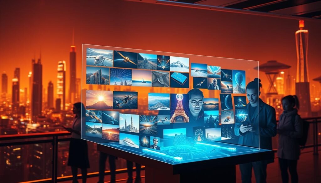 A vibrant, futuristic scene showcasing the "best AI image generators in 2025". In the foreground, a sleek, holographic display presents a diverse array of generated images, each one a masterpiece of digital artistry. The middle ground features a group of creative professionals, their faces illuminated by the glow of their devices as they explore the cutting-edge capabilities of these generative tools. In the background, a cityscape of towering skyscrapers and hovercraft creates a dynamic, technology-infused atmosphere. Warm, diffused lighting casts a futuristic glow over the entire scene, conveying a sense of innovation and creativity at the forefront of visual marketing.