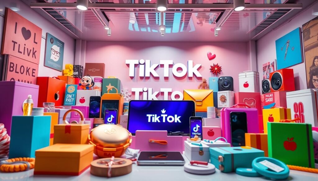 A vibrant, modern TikTok advertisement showcasing a diverse range of products and services. The scene features a dynamic arrangement of colorful product mockups, sleek mobile devices, and bold typographic elements. The lighting is bright and directional, highlighting the products' details and creating a sense of depth and dimensionality. The overall composition is balanced and visually striking, capturing the energy and engagement of a successful TikTok advertising campaign. The mood is upbeat and aspirational, conveying the potential for growth and success for businesses leveraging the TikTok platform.