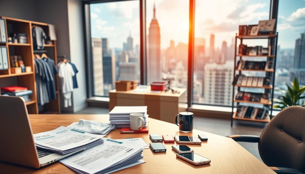 A vibrant office scene showcasing the key factors for successful print-on-demand business in 2025. In the foreground, a modern desk with a laptop, a stack of invoices, and an array of product samples - t-shirts, mugs, and phone cases. In the middle ground, shelves displaying an assortment of neatly packaged merchandise, reflecting efficient inventory management. The background features a large window overlooking a bustling city skyline, hinting at the global reach and scalability of the operation. Warm, natural lighting creates a professional and energetic atmosphere, emphasizing the careful planning and execution required for thriving in the dynamic print-on-demand market.