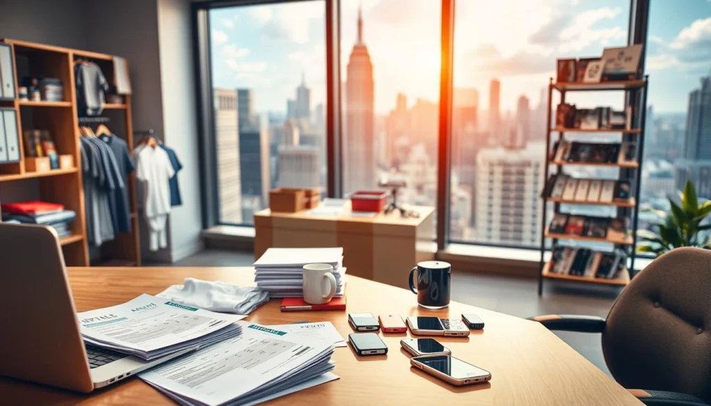 A vibrant office scene showcasing the key factors for successful print-on-demand business in 2025. In the foreground, a modern desk with a laptop, a stack of invoices, and an array of product samples - t-shirts, mugs, and phone cases. In the middle ground, shelves displaying an assortment of neatly packaged merchandise, reflecting efficient inventory management. The background features a large window overlooking a bustling city skyline, hinting at the global reach and scalability of the operation. Warm, natural lighting creates a professional and energetic atmosphere, emphasizing the careful planning and execution required for thriving in the dynamic print-on-demand market.