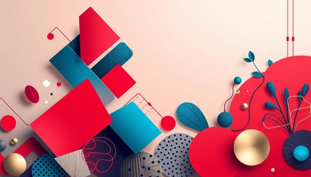 A vibrant, stylized print-on-demand design featuring trendy geometric shapes and patterns. The foreground showcases a dynamic composition of overlapping triangles, rectangles, and organic forms in a bold color palette of reds, blues, and metallic accents. The middle ground introduces subtle gradients and textures, creating depth and visual interest. The background adopts a minimalist, gradient-based approach, allowing the central design elements to take center stage. The lighting is soft and diffused, creating a chic, high-end aesthetic. The overall mood is modern, innovative, and visually captivating, perfectly encapsulating the "Stratégie pour créer des designs qui vendent" section of the article. A vibrant, stylized print-on-demand design featuring trendy geometric shapes and patterns. The foreground showcases a dynamic composition of overlapping triangles, rectangles, and organic forms in a bold color palette of reds, blues, and metallic accents. The middle ground introduces subtle gradients and textures, creating depth and visual interest. The background adopts a minimalist, gradient-based approach, allowing the central design elements to take center stage. The lighting is soft and diffused, creating a chic, high-end aesthetic. The overall mood is modern, innovative, and visually captivating, perfectly encapsulating the "Stratégie pour créer des designs qui vendent" section of the article.