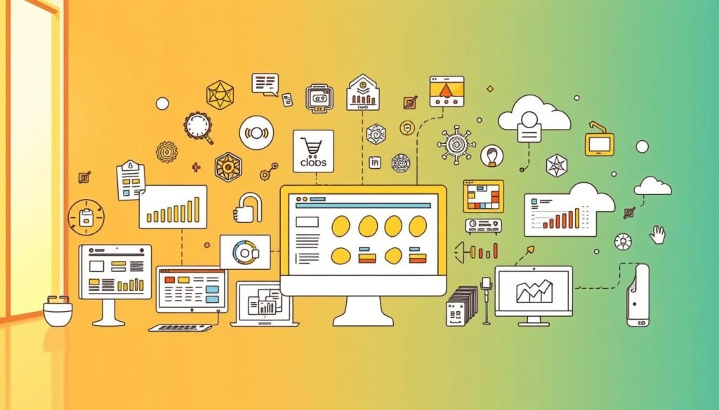 A vibrant, visually engaging illustration of a variety of e-commerce personalization tools and technologies. Set against a sleek, modern backdrop, the foreground features an array of intuitive user interfaces, data visualization dashboards, and AI-driven recommendation engines. The midground showcases several hand-drawn icons representing key personalization features like predictive analytics, customer segmentation, and dynamic content optimization. The background hints at a larger digital ecosystem, with subtle nods to cloud computing, omnichannel integration, and the latest advancements in machine learning. Bathed in a warm, inviting color palette, the overall scene conveys a sense of innovation, customer-centricity, and the future of personalized e-commerce experiences.