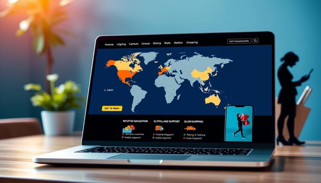 A vibrant, well-designed website with a seamless international shopping experience. In the foreground, a laptop screen showcases the website's intuitive navigation, currency conversion, and multilingual support. In the middle ground, a world map highlights global shipping options, while the background features a stylized silhouette of a person shopping on a mobile device, conveying the responsive and cross-platform capabilities. The overall scene is illuminated by warm, natural lighting, creating a welcoming and professional atmosphere for the user. A vibrant, well-designed website with a seamless international shopping experience. In the foreground, a laptop screen showcases the website's intuitive navigation, currency conversion, and multilingual support. In the middle ground, a world map highlights global shipping options, while the background features a stylized silhouette of a person shopping on a mobile device, conveying the responsive and cross-platform capabilities. The overall scene is illuminated by warm, natural lighting, creating a welcoming and professional atmosphere for the user.