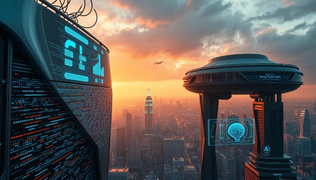 A visionary scene showcasing the future of AI-driven technologies. In the foreground, a smooth, gleaming neural network array hums with coded intelligence. Amid futuristic architectural elements, holographic displays project dynamic data visualizations. In the background, a vast cityscape stretches, illuminated by warm, diffuse lighting that suggests the seamless integration of these emerging AI innovations into the urban landscape. The overall mood is one of technological progress, innovation, and the vast potential of AI to transform the way we live and work.