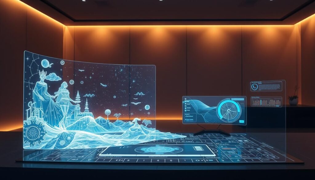 A visually captivating AI-generated narrative unfolds before the viewer. In the foreground, a mesmerizing holographic display showcases a dynamic, ever-evolving story, its ethereal characters and enchanting landscapes changing and interacting in real-time. The middle ground features a sleek, futuristic interface, with intuitive controls and visualization tools that allow the user to seamlessly manipulate and direct the narrative. The background sets the stage, a sophisticated, minimalist workspace bathed in warm, ambient lighting, conveying a sense of technological wonder and creative exploration. The overall scene evokes a harmonious balance between human imagination and machine intelligence, inviting the viewer to immerse themselves in the boundless possibilities of AI-powered storytelling.