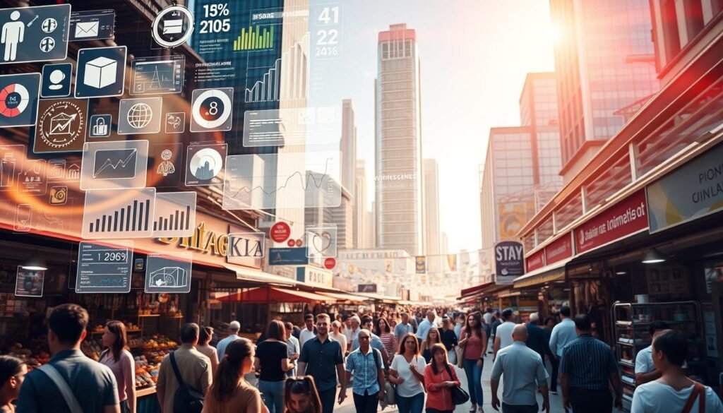 A visually striking marketplace scene with an AI-powered digital overlay. In the foreground, an array of product icons, charts, and analytics dashboards float above a bustling marketplace, hinting at the power of AI-driven insights to drive sales and optimization. The middle ground features a diverse crowd of shoppers and vendors, their faces reflected in the shimmering displays. In the background, towering modern buildings and a vibrant cityscape set the stage, conveying a sense of a technologically advanced, data-driven retail landscape. The scene is bathed in a warm, golden light, creating an air of productivity and innovation. Subtle lens flares and a slight depth-of-field blur add a sense of high-end cinematography.