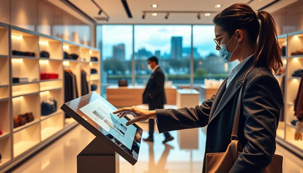 A visually striking scene showcasing a personalized shopping experience. In the foreground, a stylishly dressed shopper interacts with a touchscreen display, carefully selecting and customizing a product. The middle ground features a clean, minimalist retail environment with sleek shelving and warm, inviting lighting. The background depicts a serene urban landscape, hinting at the seamless integration of technology and commerce. The overall mood is one of sophistication, convenience, and a heightened sense of personal connection between the customer and the brand. Captured with a wide-angle lens to convey a sense of space and modernity, this image aims to visually represent the power of AI-driven product discovery in the e-commerce domain.