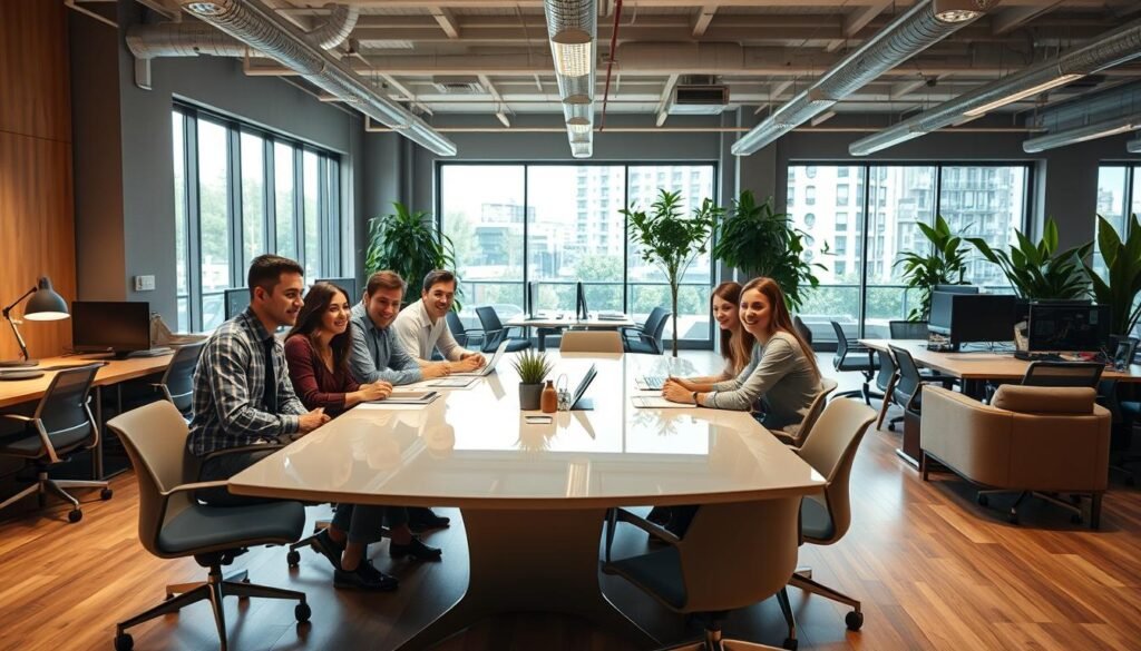 A warm, inviting office setting with a focus on human resources management. In the foreground, a diverse group of employees collaborating around a sleek conference table, their expressions conveying a sense of positive engagement. The middle ground features ergonomic workstations and a cozy lounge area, promoting a balanced work-life atmosphere. The background showcases floor-to-ceiling windows flooding the space with natural light, complemented by modern decor and lush greenery, evoking a harmonious, people-centric environment. The overall scene radiates a blend of productivity, well-being, and the seamless integration of AI-assisted HR processes, capturing the essence of the "Intégration de l'IA dans la gestion des RH et la qualité de vie au travail" section.