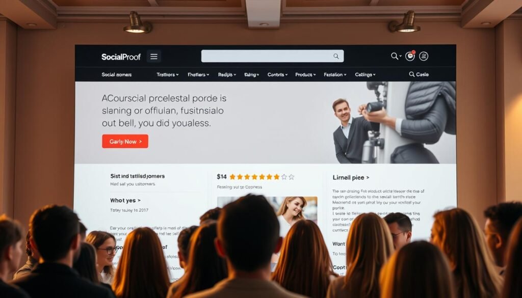 A well-designed e-commerce website showcasing social proof elements. In the foreground, a group of satisfied customers providing positive testimonials and ratings, displayed prominently on the website interface. In the middle ground, product images and descriptions, instilling confidence in potential buyers. The background features a clean, minimalist design with subtle branding, creating a visually appealing and trustworthy online shopping experience. Warm, natural lighting illuminates the scene, evoking a sense of authenticity and reliability. The overall composition conveys the power of social proof in driving conversions and building customer trust.