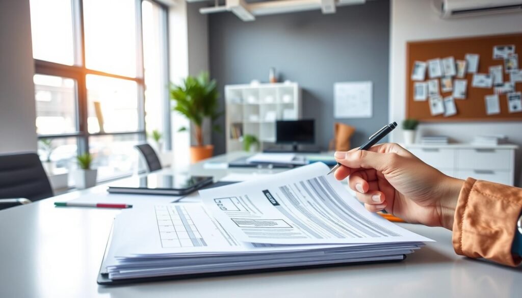 A well-lit, clean office space with a large desk showcasing various documents, files, and a tablet or laptop. In the foreground, a hand holding a pen analyzes a job application, with a stack of similar applications on the desk. The background features modern office decor, a large window letting in natural light, and a cork board or wall with job postings. The overall atmosphere conveys a sense of efficiency, organization, and thoughtful evaluation of candidate qualifications. A well-lit, clean office space with a large desk showcasing various documents, files, and a tablet or laptop. In the foreground, a hand holding a pen analyzes a job application, with a stack of similar applications on the desk. The background features modern office decor, a large window letting in natural light, and a cork board or wall with job postings. The overall atmosphere conveys a sense of efficiency, organization, and thoughtful evaluation of candidate qualifications.