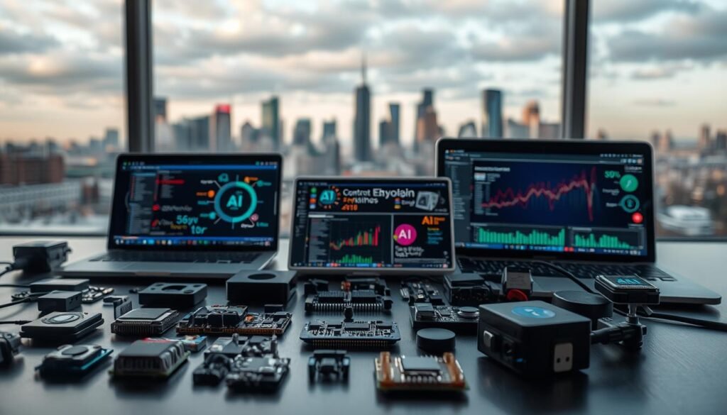 A well-lit, detailed still life depicting an assortment of artificial intelligence tools and technologies. In the foreground, several small electronic devices and components such as circuit boards, processors, and sensors. In the middle ground, various AI-powered software applications and platforms displayed on laptop and mobile device screens. In the background, a blurred cityscape with skyscrapers and infrastructure, symbolizing the AI-driven transformations happening in the business world. The scene conveys a sense of innovation, technology, and the potential of AI to empower entrepreneurs and validate business concepts.