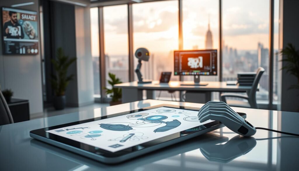A well-lit, futuristic office scene showcasing various AI-powered tools for content creation. In the foreground, an advanced tablet or digital sketchpad displays dynamic visuals, with an AI-generated character collaborating on the screen. The middle ground features a slick, modern workstation with a cutting-edge computer, a tactile input device, and intelligent software interfaces. The background depicts a panoramic view of a bustling city skyline, hinting at the powerful, 'always-on' nature of these AI-driven content tools. The overall atmosphere is one of efficiency, innovation, and the seamless integration of human creativity and machine intelligence. A well-lit, futuristic office scene showcasing various AI-powered tools for content creation. In the foreground, an advanced tablet or digital sketchpad displays dynamic visuals, with an AI-generated character collaborating on the screen. The middle ground features a slick, modern workstation with a cutting-edge computer, a tactile input device, and intelligent software interfaces. The background depicts a panoramic view of a bustling city skyline, hinting at the powerful, 'always-on' nature of these AI-driven content tools. The overall atmosphere is one of efficiency, innovation, and the seamless integration of human creativity and machine intelligence.