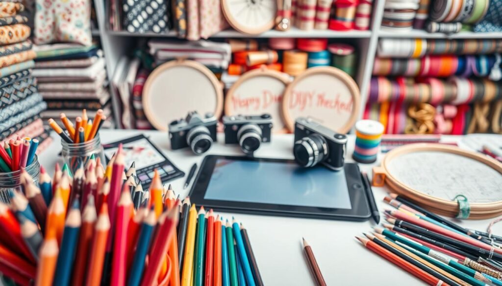 A well-lit, high-angle studio shot showcasing a diverse array of design tools for print-on-demand products. In the foreground, a collection of drawing implements - colored pencils, markers, calligraphy pens - arranged artfully. In the middle ground, a graphics tablet with stylus, alongside a retro-style camera and a spool of colorful thread. In the background, shelves displaying a range of patterned fabrics, embroidery hoops, and spools of ribbon. The overall mood is one of creative inspiration and the DIY ethos of print-on-demand design.