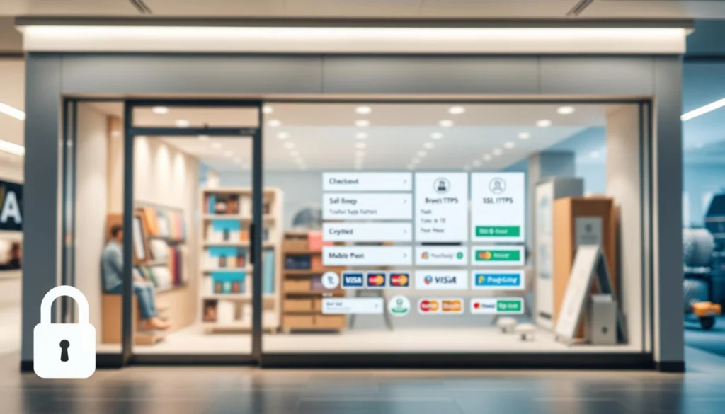 A well-lit online shop front with a sleek, modern design showcasing various payment methods and security features. The storefront features clean, minimalist lines, a neutral color palette, and subtly integrated icons representing digital transactions, encryption, and trusted payment partners. In the foreground, a stylized lock icon and an SSL/HTTPS badge instill a sense of safety and security. The middle ground depicts a seamless checkout process with multiple payment options, including credit cards, mobile wallets, and secure online payment gateways. The background features a blurred, out-of-focus cityscape, conveying the shop's global reach and reliable infrastructure. The overall atmosphere is one of trust, confidence, and cutting-edge digital commerce. A well-lit online shop front with a sleek, modern design showcasing various payment methods and security features. The storefront features clean, minimalist lines, a neutral color palette, and subtly integrated icons representing digital transactions, encryption, and trusted payment partners. In the foreground, a stylized lock icon and an SSL/HTTPS badge instill a sense of safety and security. The middle ground depicts a seamless checkout process with multiple payment options, including credit cards, mobile wallets, and secure online payment gateways. The background features a blurred, out-of-focus cityscape, conveying the shop's global reach and reliable infrastructure. The overall atmosphere is one of trust, confidence, and cutting-edge digital commerce.