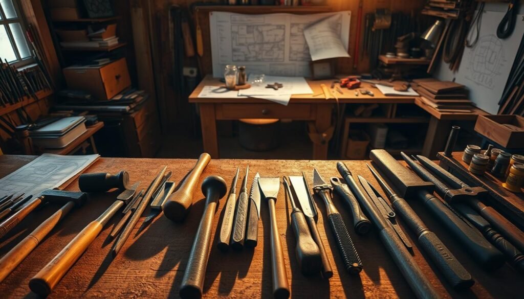 A workspace filled with the tools of transformation. In the foreground, a variety of implements - hammers, chisels, files, and saws - arranged in a meticulously organized formation, casting long shadows on the surface below. In the middle ground, a craftsperson's workbench, the wood worn smooth from years of use, with blueprints, sketches, and prototypes scattered across its surface. The background is bathed in warm, diffused lighting, casting a golden glow over the scene, hinting at the creative energy and determination that permeates this space. The overall atmosphere is one of focused intensity, a place where the physical and the mental converge to bring forth something new and meaningful.