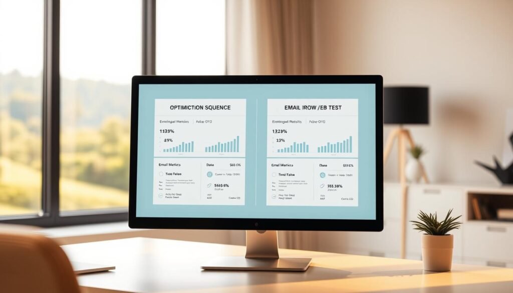 A/B test optimization sequences displayed on a computer screen in a modern, minimalist home office. The screen shows two sets of email campaign metrics and statistics, with sleek data visualizations and clean typography. A warm, diffused lighting illuminates the scene, creating a professional yet inviting atmosphere. The background features a blurred, natural landscape visible through a large window, suggesting a balance between technology and nature. The composition emphasizes the focus on data-driven decision making and the importance of continuous optimization in email marketing.