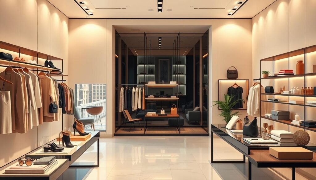 An elegant e-commerce boutique set against a minimalist backdrop. In the foreground, a chic display of merchandise arranged with meticulous care - sleek clothing, accessories, and home decor items exuding a sense of refinement. The middle ground features a modern, well-lit interior with clean lines and subtle accents, inviting the viewer to explore. In the background, a softly blurred cityscape hints at the boutique's urban setting, conveying a atmosphere of sophistication and urban flair. Warm, natural lighting casts a gentle glow, creating a calming, cohesive ambiance that reflects the boutique's optimized online presence.