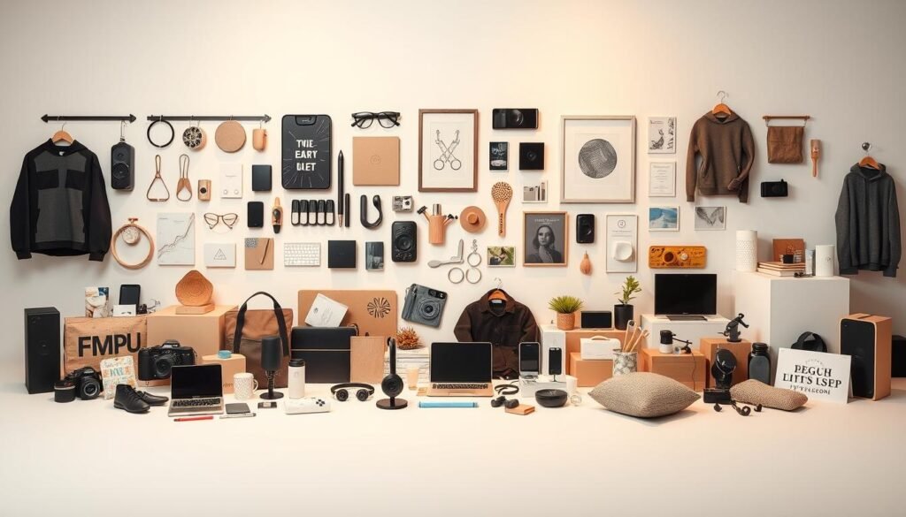 An intricate arrangement of diverse dropshipping products, meticulously displayed on a clean, minimalist backdrop. The foreground features an array of lifestyle accessories, electronics, and apparel, artfully positioned to showcase their versatility and appeal. The middle ground introduces complementary home decor items, while the background subtly hints at the digital nature of the TikTok dropshipping landscape with a soft, ethereal glow. Warm, directional lighting casts subtle shadows, emphasizing the depth and texture of the products. The overall composition conveys a sense of harmony, efficiency, and the potential for seamless e-commerce integration, as if inviting the viewer to explore the possibilities of this emerging business model.