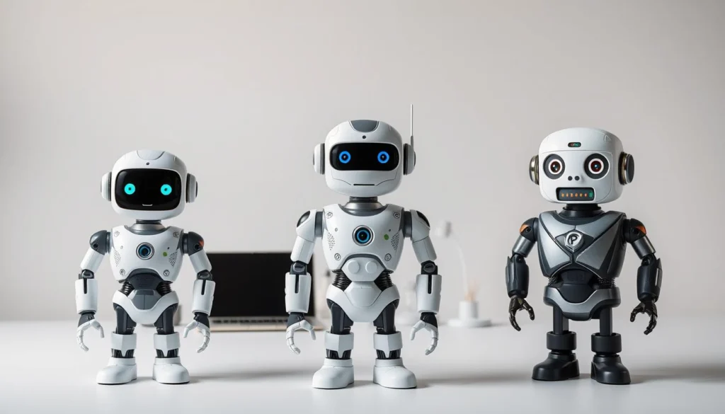 Comparatif chatbots marketing IA: a sleek, professional image showcasing the three leading AI chatbots - ChatGPT, Jasper, and Bard. In the foreground, three distinct chatbot avatars stand side-by-side, each with its own unique design and personality. The middle ground features a clean, minimalist workspace setting with a laptop, tablet, and other digital devices, hinting at the integration of these chatbots into modern marketing workflows. The background is a soft, neutral gradient, allowing the focal points to stand out prominently. Lighting is soft and diffused, creating a sense of balance and sophistication. The overall composition and color palette convey a sense of professionalism, technology, and innovation, perfectly suited to illustrate the comparison of these powerful AI marketing tools.