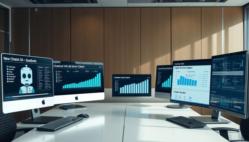 Comparatif outils automatisés : une scène de bureau moderne et épurée, avec une rangée d'écrans d'ordinateurs affichant différents chatbots IA de service client. Des graphiques et tableaux de données se superposent aux écrans, illustrant les principales fonctionnalités et performances de chaque solution. La pièce est baignée d'une lumière naturelle diffuse, avec de subtils reflets sur les surfaces lisses des bureaux. Une impression de professionnalisme et d'efficacité s'en dégage, reflétant le sérieux et l'aspect pratique de la comparaison des outils automatisés de service client. Comparatif outils automatisés : une scène de bureau moderne et épurée, avec une rangée d'écrans d'ordinateurs affichant différents chatbots IA de service client. Des graphiques et tableaux de données se superposent aux écrans, illustrant les principales fonctionnalités et performances de chaque solution. La pièce est baignée d'une lumière naturelle diffuse, avec de subtils reflets sur les surfaces lisses des bureaux. Une impression de professionnalisme et d'efficacité s'en dégage, reflétant le sérieux et l'aspect pratique de la comparaison des outils automatisés de service client.