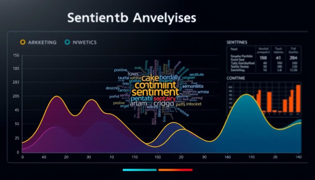 Detailed data visualization showcasing sentiment analysis results. A sleek, modern infographic with clean lines and minimalist design. In the foreground, a vibrant line graph depicting positive, neutral, and negative sentiment trends across a text corpus. In the middle ground, a comprehensive word cloud highlighting key sentiment-laden terms. In the background, a subtle grid or scatter plot layout providing contextual metadata. The overall scene should convey a sense of professional insight and data-driven decision making, suitable for an article on NLP applications in marketing. Detailed data visualization showcasing sentiment analysis results. A sleek, modern infographic with clean lines and minimalist design. In the foreground, a vibrant line graph depicting positive, neutral, and negative sentiment trends across a text corpus. In the middle ground, a comprehensive word cloud highlighting key sentiment-laden terms. In the background, a subtle grid or scatter plot layout providing contextual metadata. The overall scene should convey a sense of professional insight and data-driven decision making, suitable for an article on NLP applications in marketing.