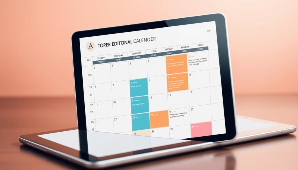Detailed digital illustration of an organized editorial calendar, featuring a clean minimalist layout with a grid of date blocks, color-coded sections, and simple icons. The calendar is displayed on a sleek tablet device with a muted, warm-toned background. Soft, diffused lighting creates a professional, elegant atmosphere. The composition emphasizes the structure and organization of the editorial planning process, conveying a sense of efficiency and productivity.