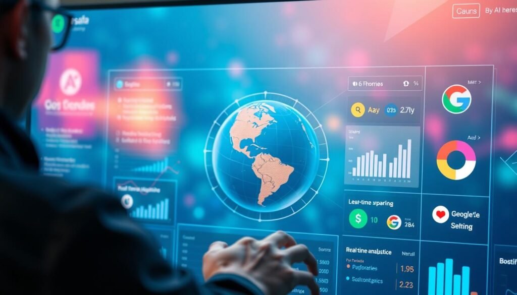 Detailed illustration of multilingual SEO powered by AI technology. In the foreground, a person interacts with a futuristic dashboard displaying real-time analytics and language translation features. The middle ground showcases a globe, symbolizing global reach, flanked by stylized code snippets and search engine logos. The background blends a gradient of vibrant digital hues, creating an immersive, high-tech atmosphere. Soft, directional lighting illuminates the scene, accentuating the cutting-edge AI-driven multinational marketing concept. Captured with a cinematic wide-angle lens to convey a sense of scale and technological sophistication.