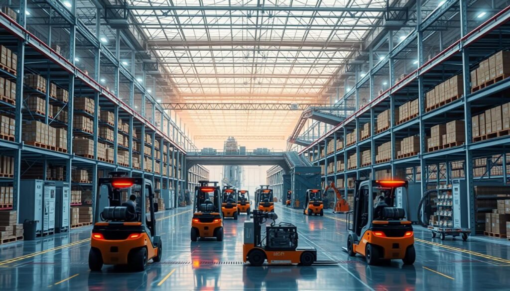 Prompt A futuristic warehouse with intelligent automation powered by AI. In the foreground, a fleet of autonomous forklifts gracefully navigate the aisles, effortlessly moving inventory. The middle ground showcases a network of conveyor belts and robotic arms, seamlessly sorting and packing orders. In the background, a vast, high-ceilinged space is illuminated by a warm, diffused glow, reflecting the advanced sensors and computer systems that orchestrate this intelligent logistics operation. The overall atmosphere conveys a sense of efficiency, precision, and technological prowess, perfectly suited to illustrate the concept of "Logistique intelligente grâce à l'IA".
