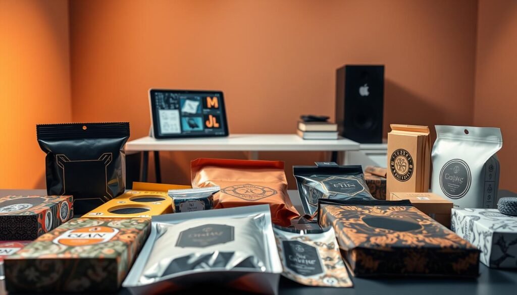 Prototypes packaging IA, a detailed and innovative setup. In the foreground, a set of intricately designed product packaging samples, showcasing a range of styles and materials. Striking colors, textures, and shapes that catch the eye. In the middle ground, a sleek, minimalist workstation, with a tablet displaying digital mock-ups and design software. Warm, directional lighting casts soft shadows, creating a professional, studio-like atmosphere. In the background, a subtle gradient wall, adding depth and a sense of polished elegance. The overall composition emphasizes the seamless integration of physical and digital elements, highlighting the power of AI-driven packaging design.