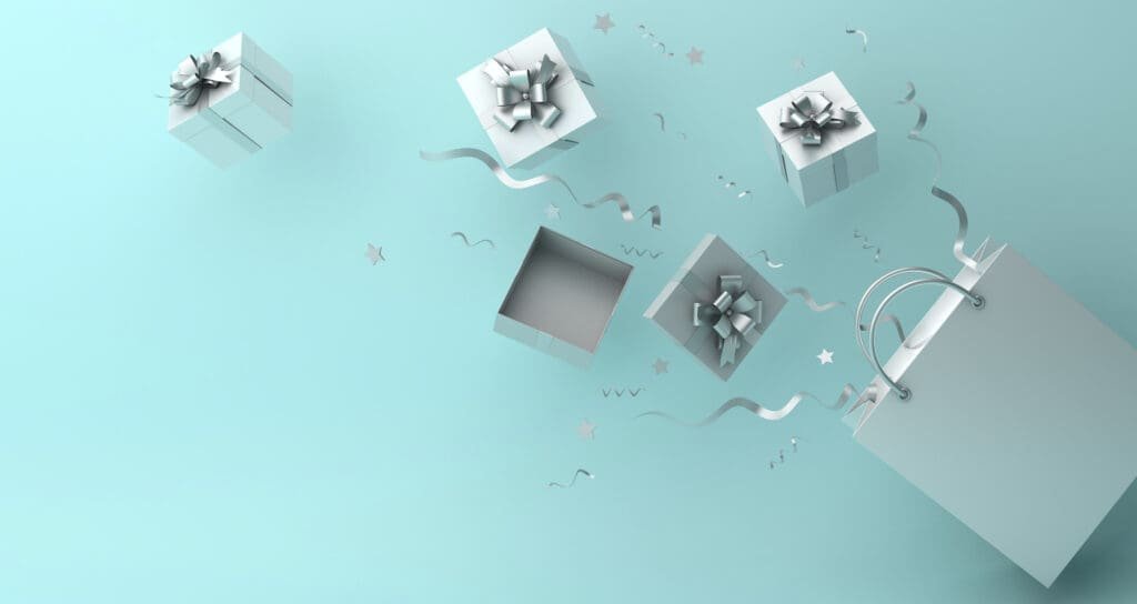 Un coffret cadeau blanc flotte sur un fond bleu, entouré de bons d'achat.