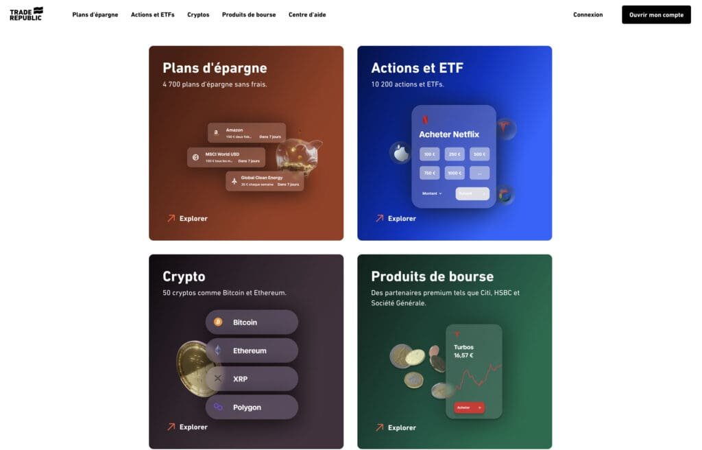 Trade Republic Avis : investissez, dépensez et épargnez facilement 3 Une capture d'écran d'un site Web avec différents types d'applications financières comme Trade Republic pour booster vos finances grâce au trading d'actions.