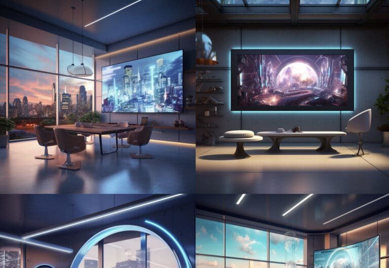 Un tutoriel sur l'utilisation efficace de Midjourney AI pour Comment utiliser l'IA Midjourney de manière efficace en images d'un salon futuriste.