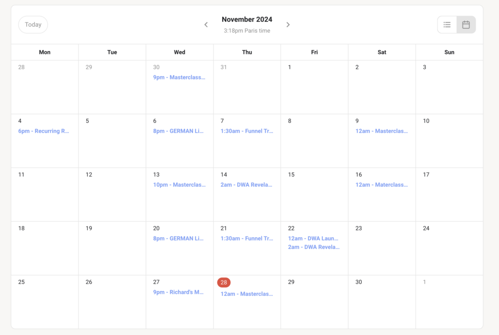 DIGITAL WEALTH ACADEMY - DWA, que vaut la formation ? Avis 6 Exemple du calendrier des cours en live