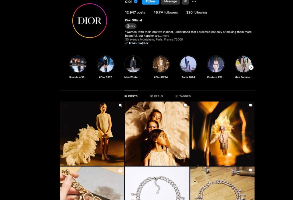 Le feed instagram de dior qui mélange des posts images et vidéos