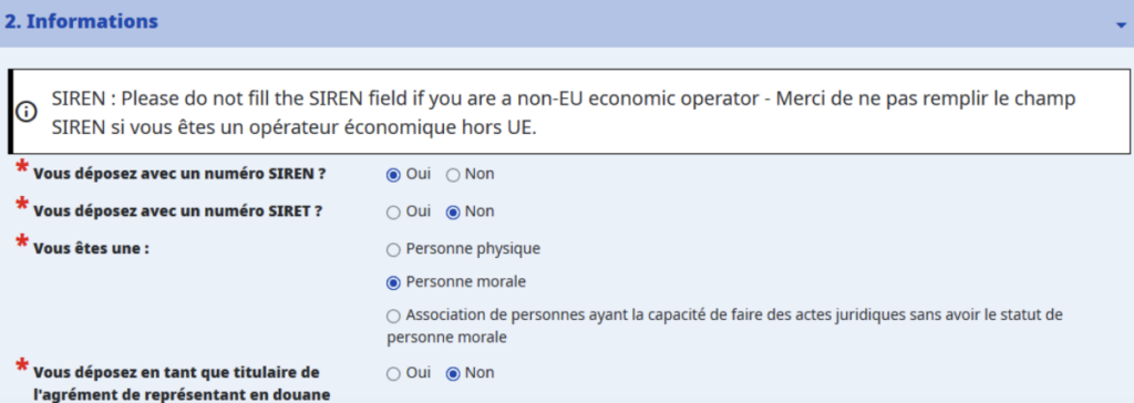 Numéro EORI : Comment obtenir ce numéro pour la tva et la douane ? 6 Interface de Soprano pour la demande de EORI : remplir son numéro de SIREN et SIRET