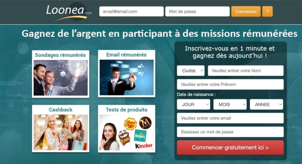 Capture d'écran du formulaire d'inscription de Loonea.